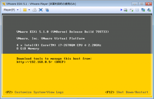 VMware ESXi 5.1のコンソール画面